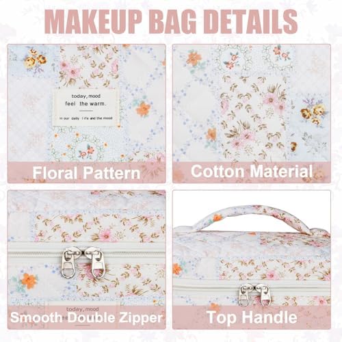 BuyCard Quilted Makeup Bag Set, CuteFloral Cotton Coquette Makeup Bag Toiletry - Image 3
