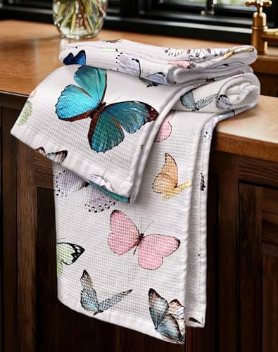 Miss Adola 2pcs Cotton Waffle Kitchen Towels, Morpho Butterfly by MissAdola