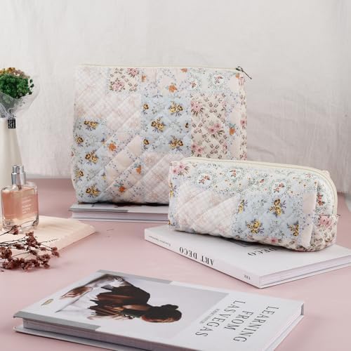 2Pcs Quilted Cotton Makeup Bag Large Travel Makeup Pouch Small Brush Holder Set - Image 5