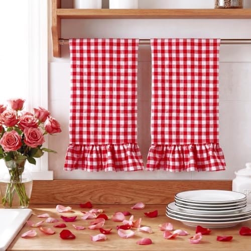 HunnmingRe 2 Pcs Red Gingham Kitchen Towels Cotton Ruffled - Image 6
