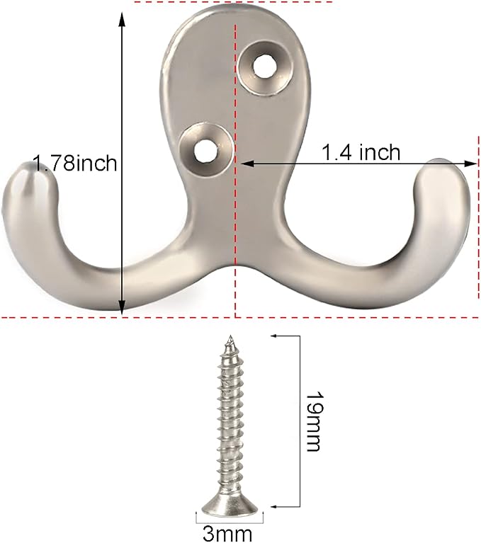 IBosins 20 Pack Silvery Double Prong Coat Hooks Wall Mounted - Image 2