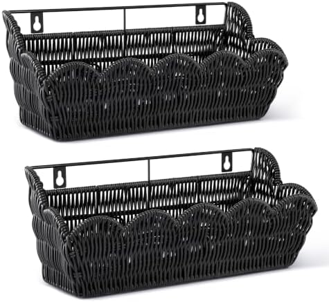 2 Pack Adhesive Plastic Wicker Hanging Storage Basket Scalloped Edge by DINGTAI