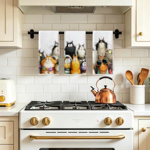 3 Pcs Cute Cat Kitchen Towels, Funny Cats Gifts Absorbent Hand Towels-01 - Image 5
