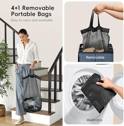 Laundry Hamper 4-Section with Lid, 185L Laundry Sorter with 4 Removable Bags + - Image 5