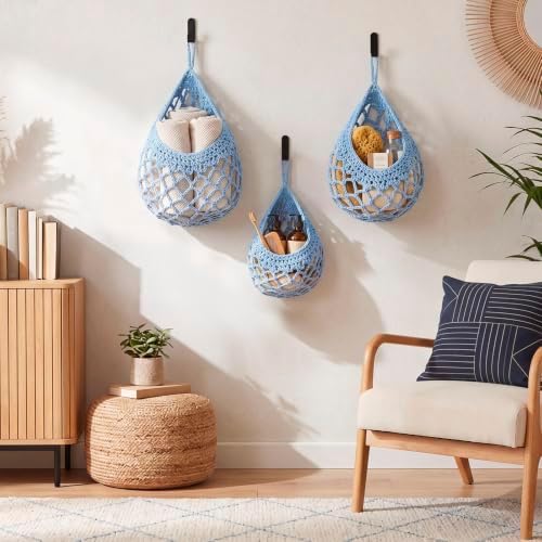 Honeydak 3 Hanging Baskets, Light Blue, Cotton Rope - Image 5