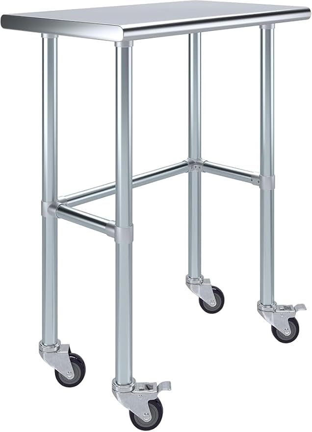 Stainless Steel Work Table Open Base & Wheels | Work Station | Metal Work Bench (Stainless Steel Work Table Open Base + Casters) (30" Long x 18" Deep)