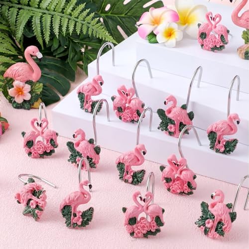 Amyhill 12 Pcs Flamingo Shower Curtain Hooks Decorative Shower Curtain Rings - Image 4