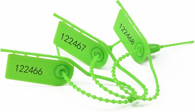 100 PCS Plastic Tamper Seals Pull Tight Security Seals Tags Breakaway Seals Numbered Zip Ties Disposable Self-Locking Ties for Fire Extinguisher, Tear Off Type, 210mm Length