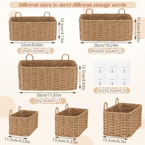3 Pcs Wall Hanging Baskets, Natural Tan, Paper Cord - Image 2