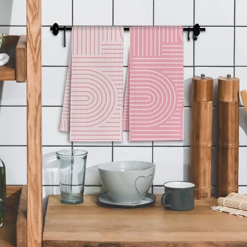 Abstract Boho Pink Kitchen Towels, Minimalist Contemporary Dish Tea Towels - Image 2