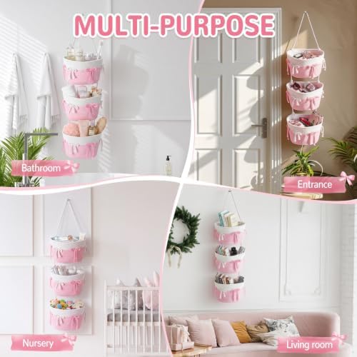 Sawysine Pink Bow Hanging Basket Woven 3 Tier Wall Mounted Storage Basket - Image 3