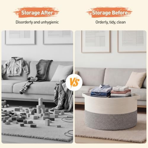OIAHOMY 90L XXXLarge Blanket Basket Living Room Laundry Basket White&Grey - Image 5