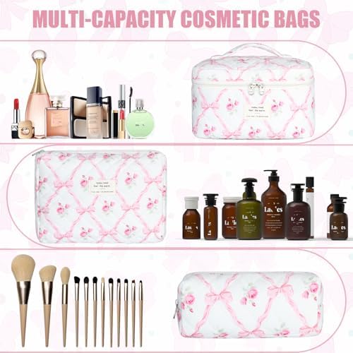BuyCard Quilted Makeup Bag Set, CuteFloral Cotton Coquette Makeup Bag Toiletry - Image 4