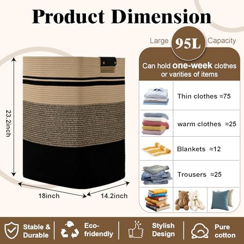 Laundry Hamper, 95L Tall Laundry Basket - Image 3