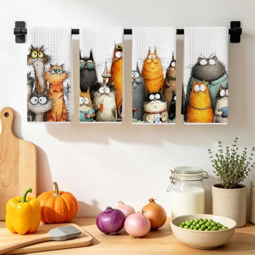 4 Pcs Cute Cat Kitchen Towels, Funny Cats Gifts Absorbent Hand Towels-04 - Image 4