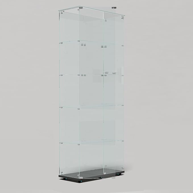 Glass Display Cabinet with LED Light Strip, 5 Shelves with 2 Doors, Glass Top Curio Storage Cabinets with Lock & Caster for Living Room,Floor Standing Bookshelf, Quick Installation - Black