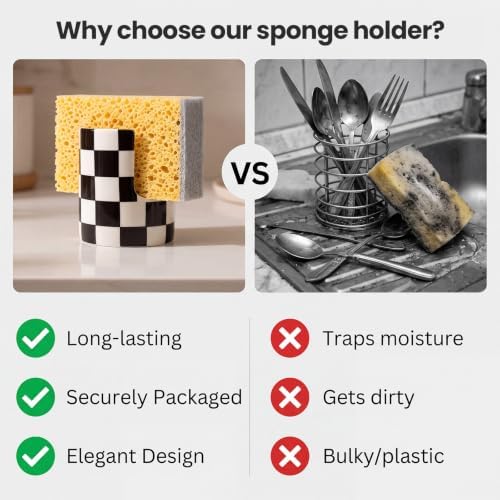 Kitchen Sink Sponge Holder, Checkered Dish Sponge Rack Ceramic Brush Holder - Image 5