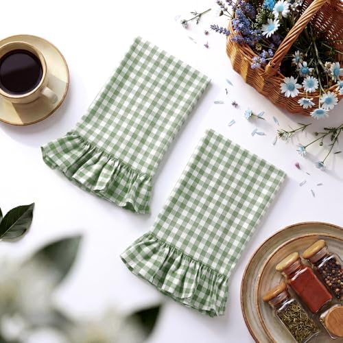 HunnmingRe 2 Pcs Green Gingham Kitchen Towels Cotton Ruffled - Image 3