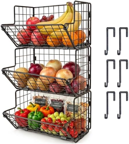 3-Tier Fruit Basket for Kitchen, 2-in-1 Countertop & Over Cabinet Door Hanging by INFLUXIA