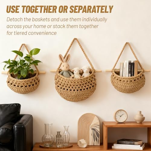 3 Tier Cotton Woven Wall Hanging Fruit Basket, 35.4 Inch - Image 4
