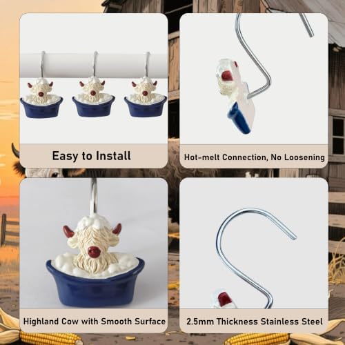 12 Pcs Funny Theme Highland Cow Shower Curtain Hooks - Image 3
