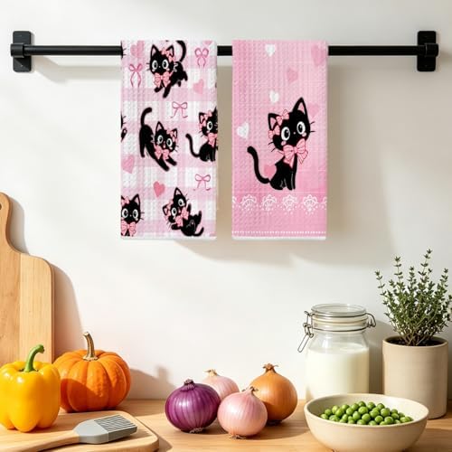 2 Pcs Pink Bow Cat Kitchen Towels 24x14 Inch, Cats Gifts Reuse Hand Towel - Image 4