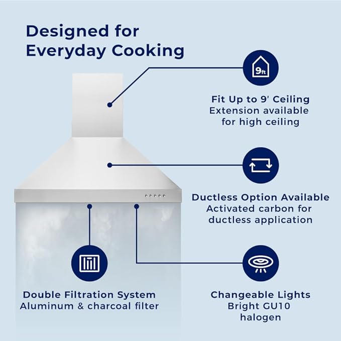 Hauslane Wall Mount Range Hood 30 Inch | Stainless Steel Wall Chimney | 6” Duct/Ductless Convertible, Strong Suction, Six-layer Aluminum Filters, Changeable LED Lamps, Stove Kitchen Vent Hood