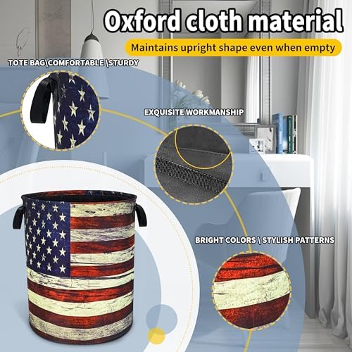 Retro American Flag Laundry Basket Foldable Waterproof Hamper 18.9x16.5 In - Image 3