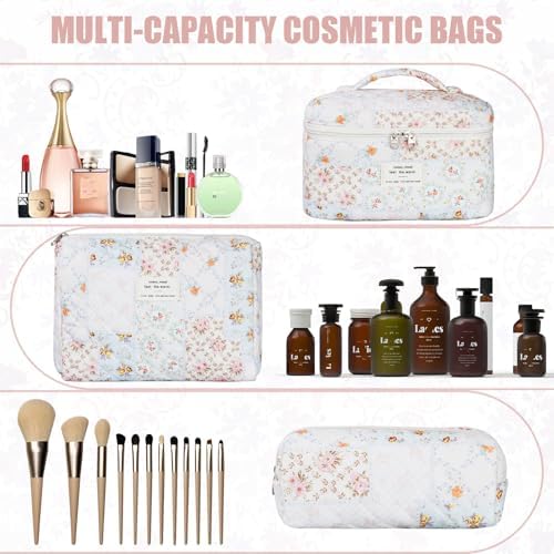 BuyCard Quilted Makeup Bag Set, CuteFloral Cotton Coquette Makeup Bag Toiletry - Image 4