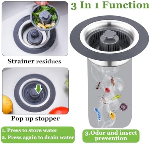 3 in 1 Kitchen Sink Drain Strainer and Stopper Combo, Stainless Steel Pop Up - Image 2