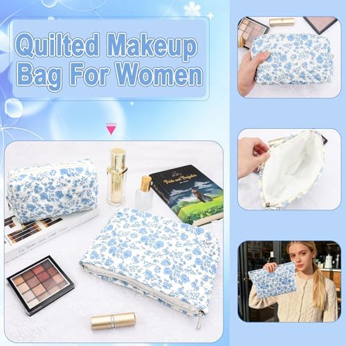 2Pcs Small Makeup Bag Quilted Cosmetic Bag Flower Pencil Case Travel Makeup Bag - Image 6
