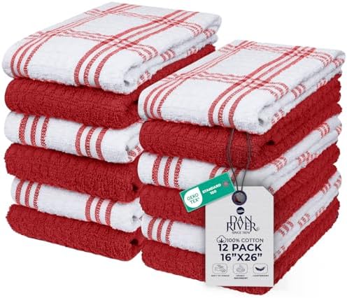 DAN RIVER Red Kitchen Towels, 12 Pack, 16x26 Inches Absorbent Dish Towels by DanRiver