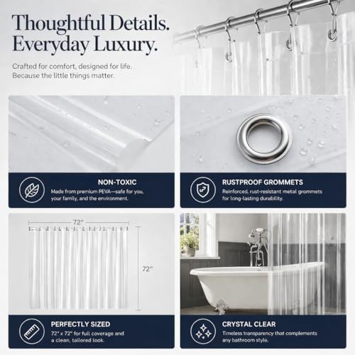 EHZNZIE Crystal Clear Shower Curtain Liner 72x72, PEVA Waterproof Bath Curtain - Image 3