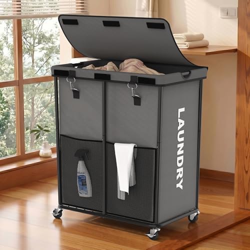 Laundry Hamper with Wheels and Lid, 225L Large Rolling Laundry Basket Gray by OLLDIDE