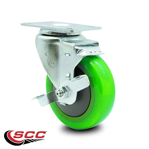 Service Caster Brand Replacement Caster for Uline Caster H-5539SWB - Swivel Top Plate Caster with 4 Inch Green Polyurethane Wheel and Top Lock Brake - Fits Carts, Dollies and Poly Box Trucks H-1956