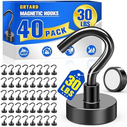 Grtard 40 Pcs Black Magnetic Hooks Heavy Duty, 30 LBS Strong Magnet Hooks by Grtard