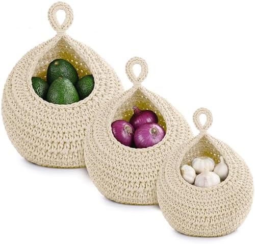 Hanging Storage Baskets Boho Decor Set of 3, Handmade Cotton Rope Wall-Mounted by LiteSorb