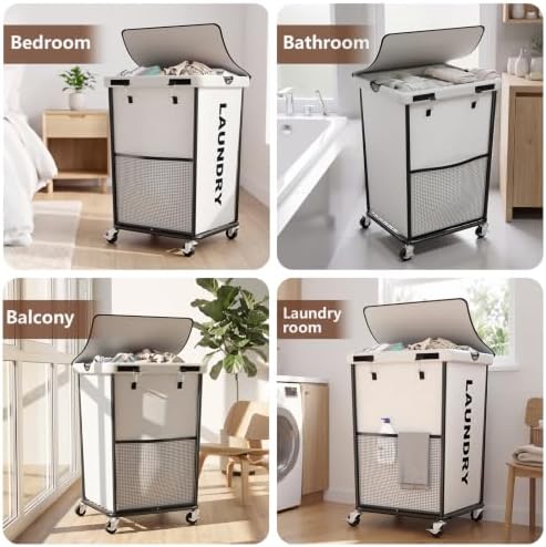 Laundry Hamper with Wheels and Lid, 150L Large Rolling Laundry Basket White - Image 6