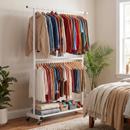 Sywhitta Double Rod Metal Clothing Rack on Wheels - Image 2