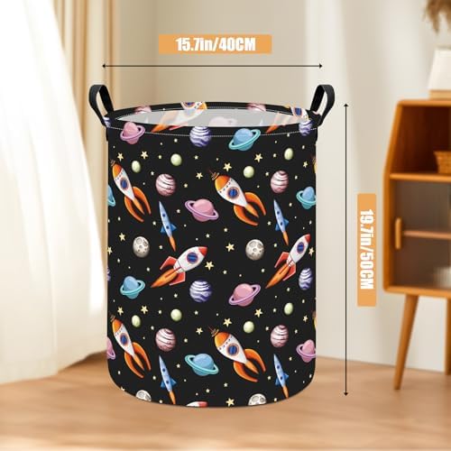 Round Laundry Basket Collapsible Storage Hamper Organizer Planet Rocket - Image 2