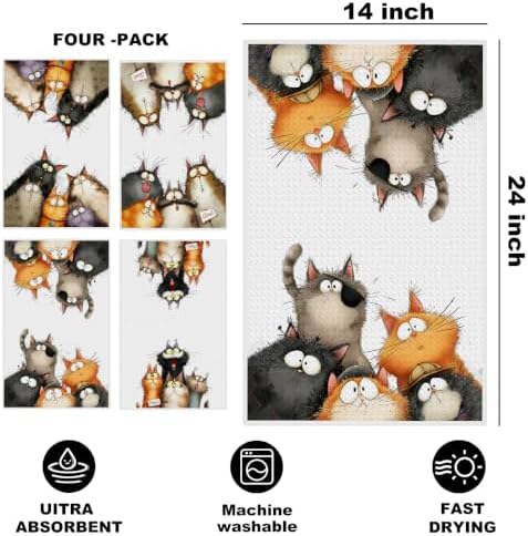 4 Pcs Cute Cat Kitchen Towels, Funny Cats Gifts Absorbent Hand Towels-07 - Image 2