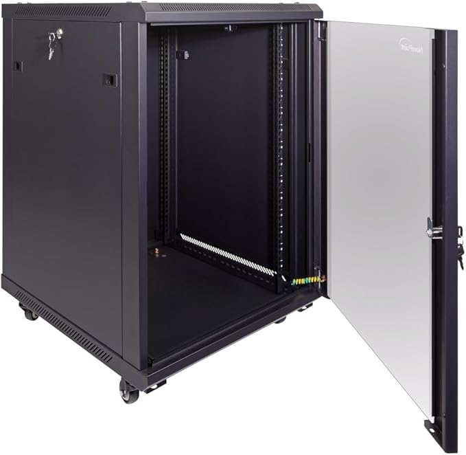 NavePoint 15U Server Cabinet Wall Mount Rack Enclosure with Caster Wheels, 2 Fans, Locking Glass Door, Removable Side Panels – 15U Network Cabinet 23.6” Deep, 19” Server Rack for IT Equipment