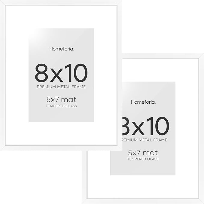 Homeforia White Picture Frames 8x10, High End Metal 8 x 10 Photo Frame with Mat 5 by 7 Art, 10x8 White Frame Matted to 5x7 inch Print, 8by10 Wall or Tabletop Frames, Tempered Glass, Wall Kit, Set of 2