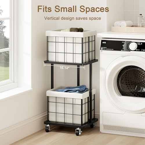 80L Vertical Laundry Sorter, 2 Tier Metal Rolling Laundry Basket - Image 2
