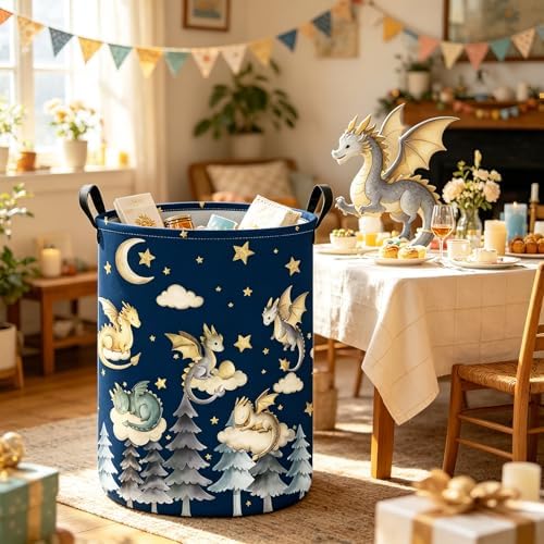 Round Dragon Print Waterproof Foldable Household Laundry Hamper - Image 4
