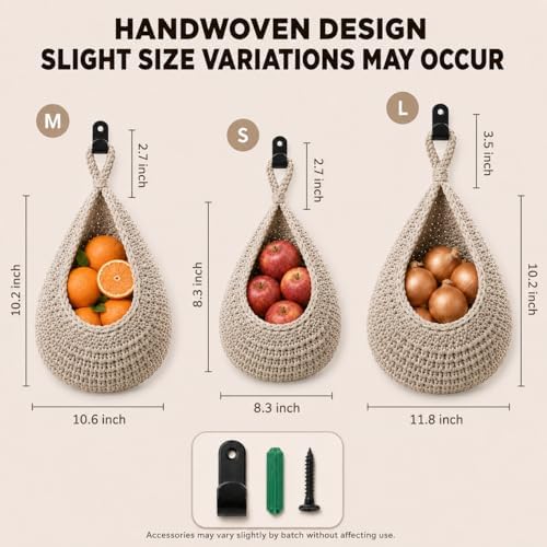 Hanging Fruit Baskets for Kitchen, 3 Pack Handwoven Wall Baskets - Image 2