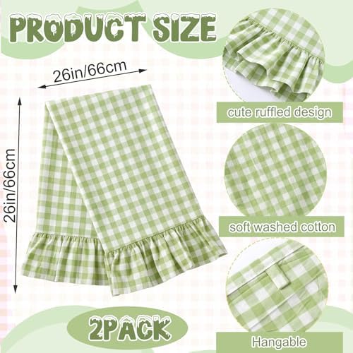 HunnmingRe 2 Pcs Mint Green Gingham Kitchen Towels Cotton Ruffled - Image 2