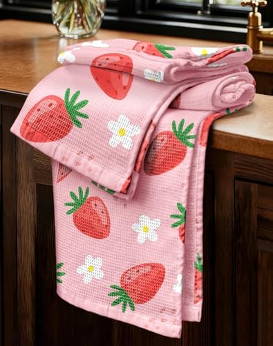 Miss Adola 2pcs Cotton Waffle Kitchen Towels, Strawberry by MissAdola