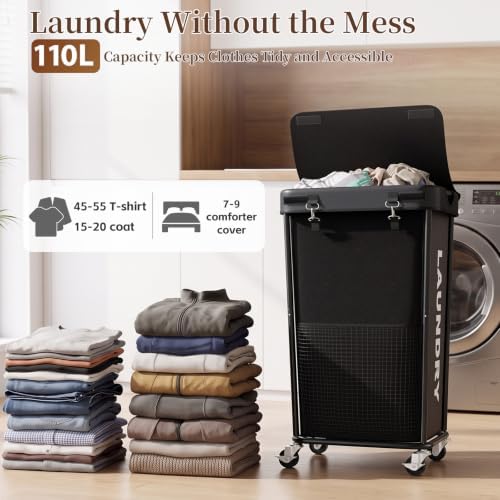 Laundry Hamper with Wheels and Lid, 110L Large Rolling Laundry Basket Black - Image 2