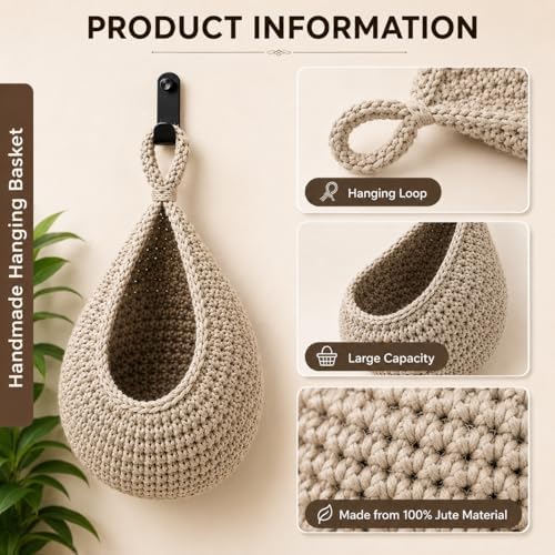 Hanging Fruit Baskets for Kitchen, 3 Pack Handwoven Wall Baskets - Image 3